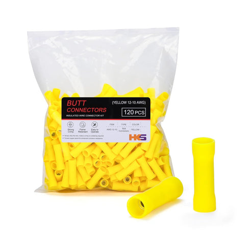 HKS 250 PCS Vinyl Insulated Butt Connector - Yellow 12-10 AWG Electrical Connectors