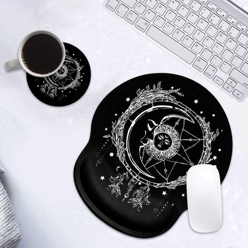 Ergonomic Mouse Pad with Wrist Support and Cute Coffee Coaster, Celestial Theme Design for Pain Relief