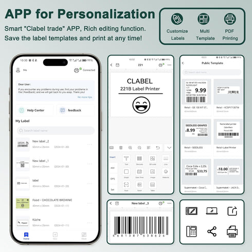 CLABEL Thermal Label Maker Machine, 221B Mini Portable Printer, Bluetooth Label Printer for Price Logo Clothing