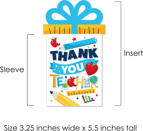 Set 8 Big Dot of Happiness Thank You Cards for Teachers - Money and Gift Card Sleeves, Appreciation Gift Holders