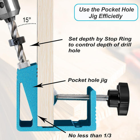Pocket Hole Jig Kit with Drill Guide, 15 Degree Woodworking Joint Tool for Adjustable DIY Carpentry Locator