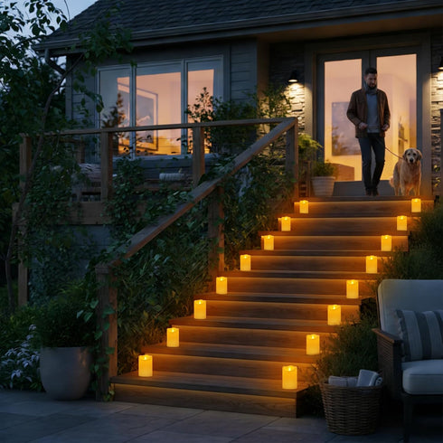 Haown 3D Set 2 (D3 H6) Outdoor Flameless Candles, Patented Dual-LED, of Slanted Plastic Pillars with Remote, Waterproof