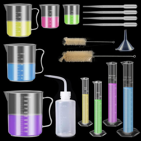 4PCS Plastic Graduated Cylinders Set 10ml 25ml 50ml 100ml, 5PCS Beakers Set 50ml 100ml 250ml 500ml 1000ml