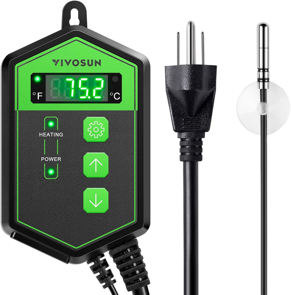 VIVOSUN Digital Heat Mat Thermostat Temperature Controller, 40–108 ºF 1000W for Reptiles, Seedlings, Germination