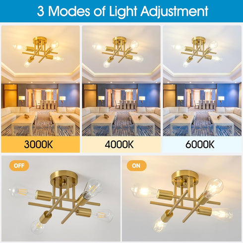 4-Light E26 (1 Pack) EGM Gold Semi Flush Mount Ceiling Light, Modern Kitchen Light Fixture with Base, Ceiling Lamp