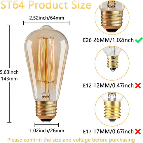 Sevici ST64 Bulbs 2 Pack,Amber Bulbs 110V 40W 240LM,E26 2200K Dimmable Bulb Edison Vintage Incandescent Light Base