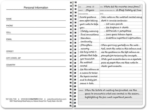 BookFactory Universal Note Taking System (Cornell Notes) / NoteTaking Notebook - 120 Pages, 6" x 9" - Wire-O (LOG-120-69CW-A(Universal-Note))