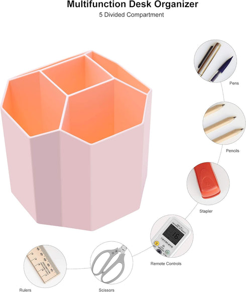 Desk Pencil Pen Holder, 360-Degree Rotating 5 Grid Organizer for Stationery Supplies, Home, Office, School, Kids, Peach