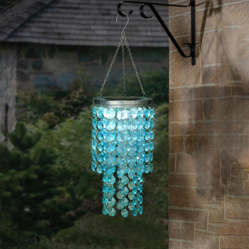 LEWIS&WAYNE 21 Hanging Solar Crystal Chandelier Outdoor, Modern Solar Blue Acrylic Beaded Lantern with Cool White LED S