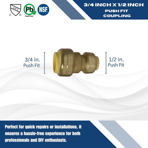2 Pcs XFITTING Push Fit 3/4 Inch x 1/2 Inch Reducing Coupling