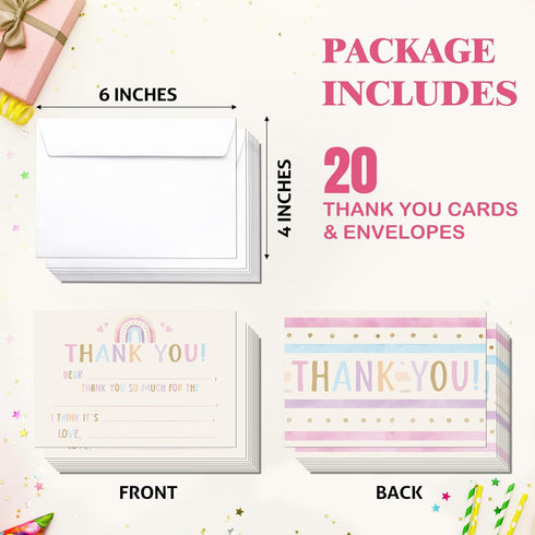 FTRZX 20 Pack 016 Boho Kids Thank You Cards, Rainbow Thank You Card For Baby Shower Birthday Party, Kids Fill In The