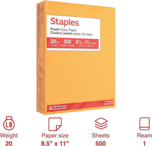 8 1/2-Inch 11-Inch Staples Pastel Colored Copy Paper x Goldenrod Ream, For Office, School & Home