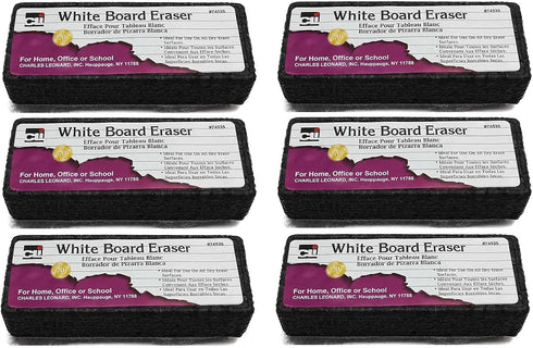 Charles Leonard Whiteboard Eraser, Felt/Foam, Gray and Black, Pack of 6