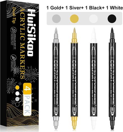 HuiSikoo 4 Pack (4 Paint Marker, Dual Tip Acrylic Paint Pens with Medium Tip and Brush Tip, Ideal for Wood, Rock