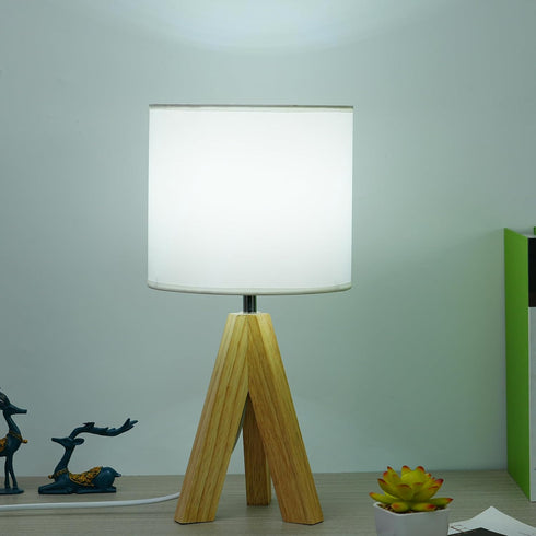 YSJUENAII Modern Small Tripod Table Lamp with Wooden Base, White Fabric Shade, Bedside Desk Light (White)