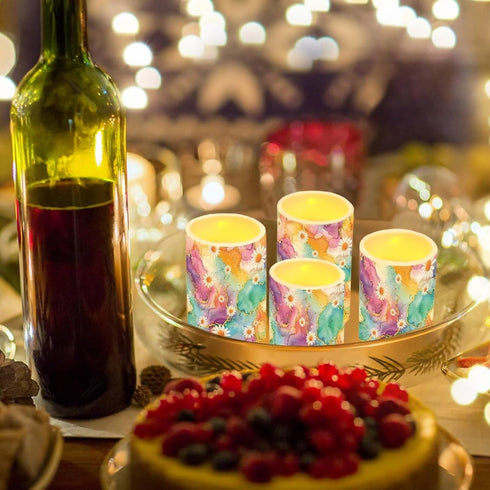 Cozeyat Set 4 Pink Marble Dasiy Battery Operated LED Candles of Flameless Pillar Candles with Remote Color Changing