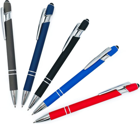 Pack of 5 Rubberized Comfort Soft Touch 2 in 1 Ballpoint Pen with Capacitive Stylus Tip, Black Ink (Assorted)