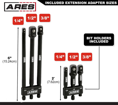 ARES 22025 6-Piece 3-Inch and 6-Inch Impact Grade Socket Adapter Set - Turns Impact Drill Driver into High Speed Socket Driver - 1/4-Inch, 3/8-Inch, and 1/2-Inch Drive by ARES