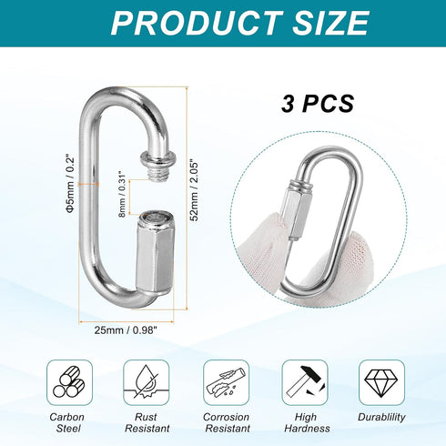 5mm Pack 3 MECCANIXITY Chain Connectors, Thick Quick Link Screw Lock Oval Clips for Chandelier Pendant Lights, Chrome