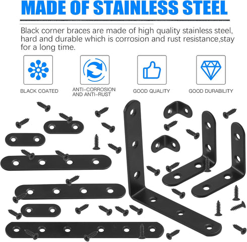Glarks 134Pcs Black Corner Brace Set, 24Pcs L Shape Bracket, Flat Bracket Metal Joint Plate Fastener with 110Pcs Screws