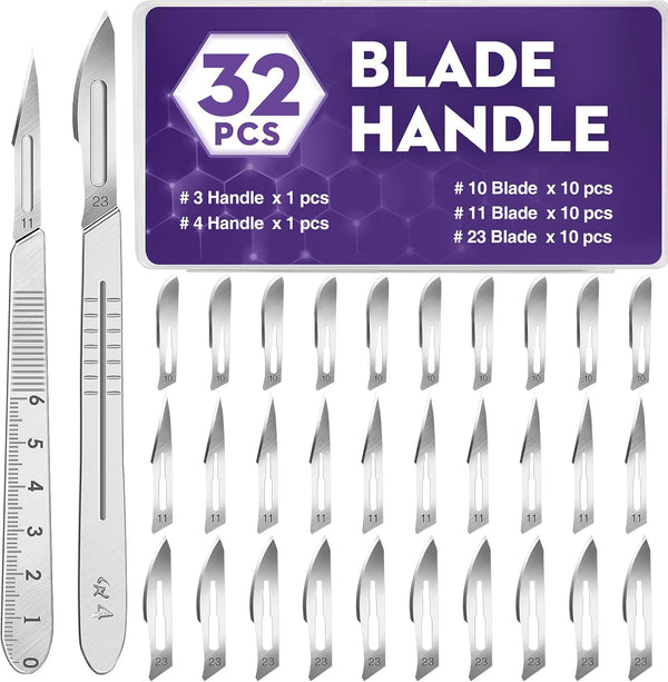 32PCS 30 Scalpel Blades with #10#11#23 Scalpels, Surgical Sterile Blades Including Two Handles for Crafts & More