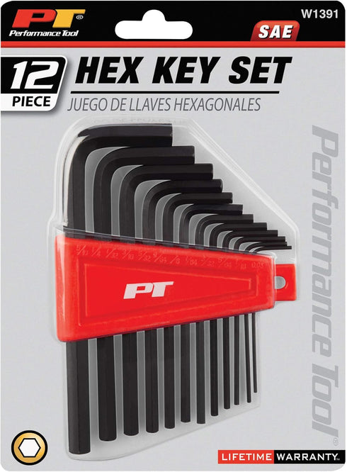 Performance Tool W1391 12-Piece Long Arm Hex Key Set, Heat Treated Alloy Steel, SAE Sizes