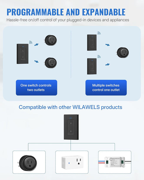100ft (1 2 H05RC1206 Black Remote Control Outlet Plug, WILAWELS Wireless Light Switch, On Off Remote Switch Outlet