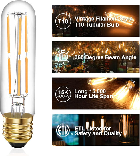 6 Pcs E26 T10 LED Tubular Light Bulbs, 6W Dimmable, Daylight White 4000K, for Pendant Lights, Outdoor Long Light Bulbs