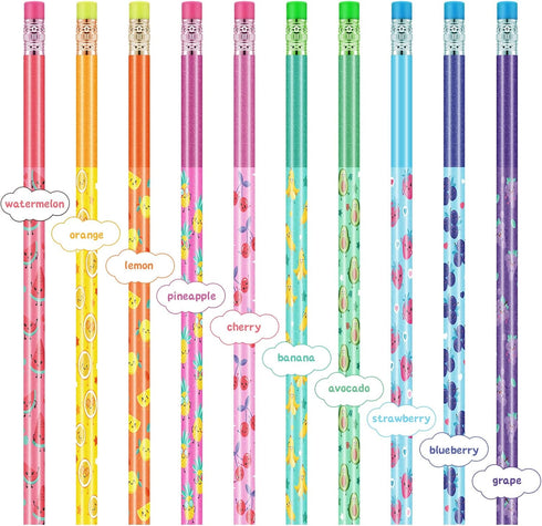 Leinuosen 30 Pieces Scented Pencils with 12 Eraser Cartoon Toppers, Fruit Element Graphite Pencils