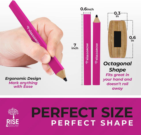 Rise & Grow 50 Set, 7' Neon Pink Carpenters Pencils - HB Lead Flat Construction Pencils for Men, Women - Marking Wood