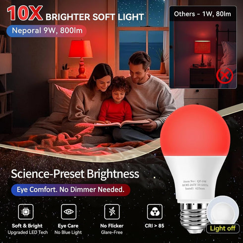 625nm Bulbs 100% Bulbs A19 9W 60W Bulb 3-Pack Neporal Red Light for Sleep, Blue Light Blocking Light for Melatonin