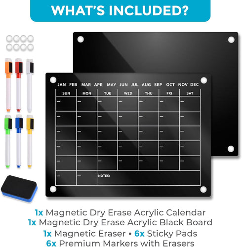 Black Magnetic Acrylic Calendar for Fridge, 2pcs 16"x12", Includes Protective Pads, 6 Magnetic Markers, Magnetic Eraser
