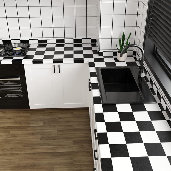 VaryPaper 15.7''x78.7'' Thick Checkered Countertop Contact Paper: Waterproof Peel and Stick Black and White Wallpaper