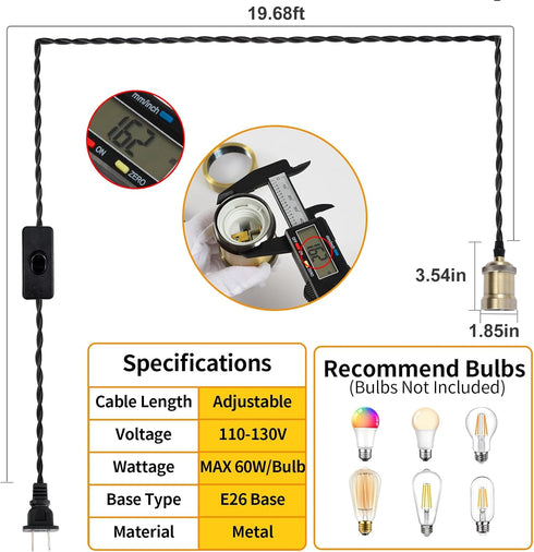 19.68 Plug in Pendant Light Cord hanging light kit with switch,Farmhouse Hanging Lights ft power cord length,Hemp Rope