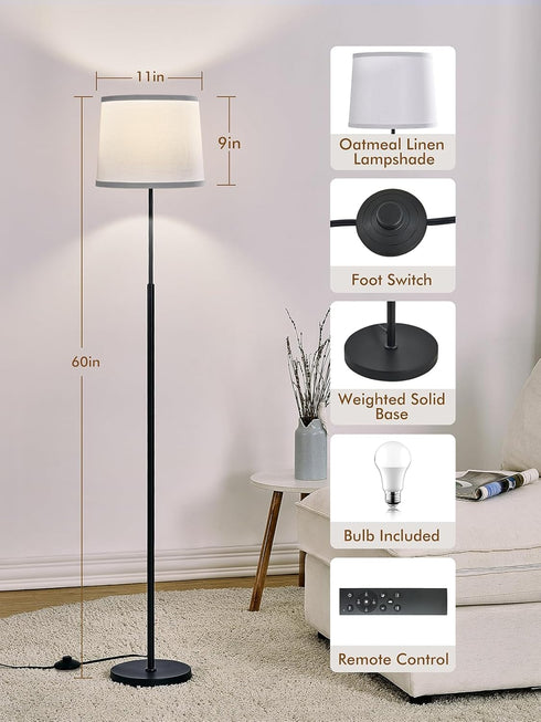 60" A19 9W 3000K-6000K 10%-100% Dimmable Bulb Modern Floor Lamp for Living Room Bedroom, Standing Lamp with White Linen