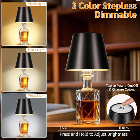 3 Dimmable, 5H 48H Rechargeable Wireless Bottle Lamp - Color Stepless Metallic Black Lampshade, Bright Light or Soft