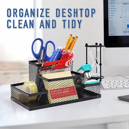 Ludato Black Mesh Desk Organizers Pen Holder, 4 Compartments Storage for Office Desk Accessories