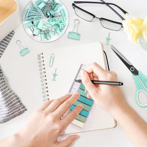 UPIHO Teal Desk Accessories Set, Green Office Supplies with Stapler, Tape Dispenser, Remover, Clips, Scissors