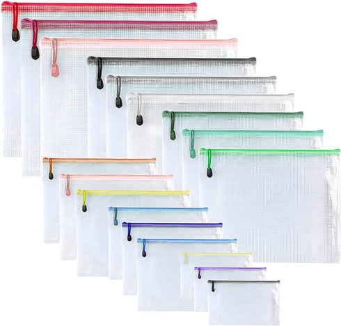 Oaimyy 18-Pcs Plastic Mesh Zipper Pouch Document Folders, Multicolor Zipper File Bags for Office Supplies and Travel