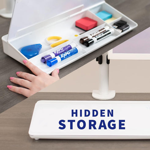 VIVO Glass 16 x 7 inch Dry Erase Board with Storage, Desktop Whiteboard Organizer with Hidden Compartments, DESK-WB16A