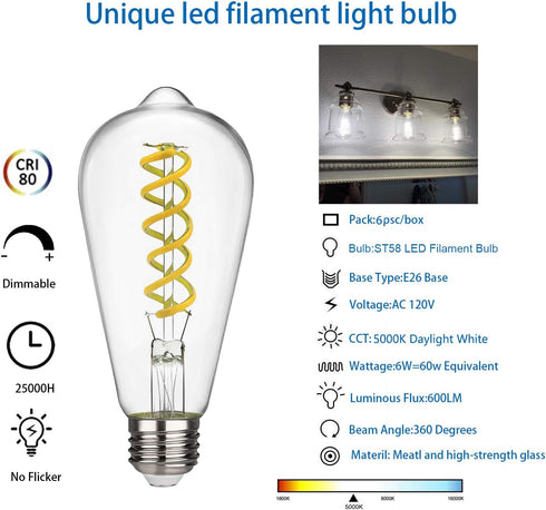 Dimmable Vintage LED Edison Bulbs, 6W, Equivalent 60W, 600lm, Daylight 5000K,ST58 Antique LED Filament Bulbs, E26 Medium Base, Clear Glass, Pack of 6 by BORT