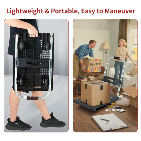 360 165 lbs Push Cart Dolly - Lightweight Foldable Flatbed Platform Cart with - Degree Rotating Wheels for Moving