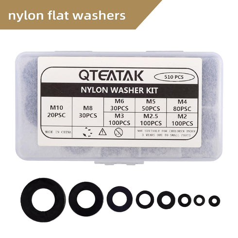 QTEATAK 510 Pcs Black Nylon Flat Washer Assortment Kit for Electrical Connections on Household & Commercial Appliances