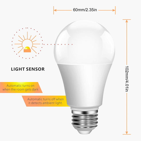 Bulbs, 9W 6000K 60W A19 E26 AC120V, Bulb (2 Pack) Boxlood Dusk to Dawn LED Light Built in Light Sensor, Plug and Play
