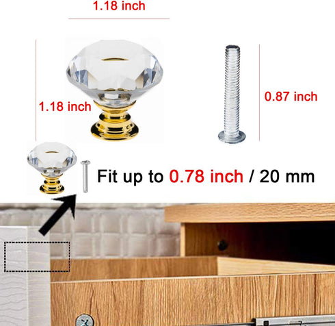 YourGift 6 Pack Drawer Knobs, Diamond Shaped Crystal Glass 30mm Cabinet Pull Handles (Gold)