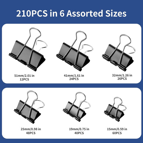 BainGesk 210 pcs Binder Clips Paper Clamps Assorted Sizes, X Large, Large, Medium, Small, Mini and Micro Metal Paper Binder Clips, Black Binding Paperwork Clamp Bulk, Office, Home, School Supplies by BainGesk