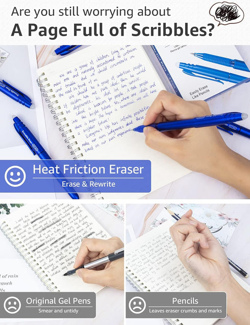 Erasable Gel Pens 0.7mm, KERIFI Blue Heat Erasable Fine Point Ballpoint Pens, Gel Ink Pens with Eraser