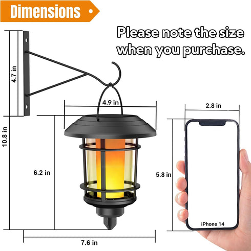 2 Pack Dynaming Solar Flame Wall Lanterns, Outdoor Solar Wall Hanging Lights, Flickering Flame LED Lights Auto On/Off