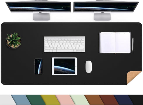 Large Desk Mat 47.2" x 17" Black Leather Desk Pad Protector with Natural Cork & PU Leather, Waterproof Desk Blotter Pad