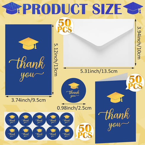 Motiskyy 50pack/150 2026 Pcs Graduation Thank You Cards with Envelopes End of Year Graduation Thank You Cards Bulk Blue